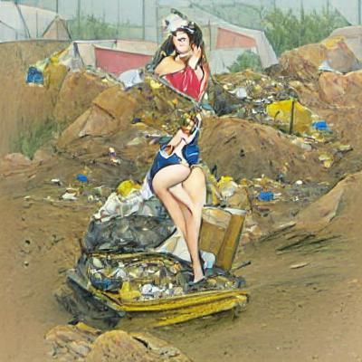 Pin up of attractive female at a garbage dump