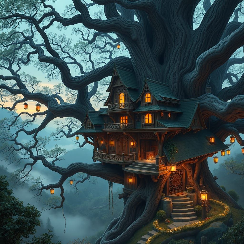 Whimsical Treehouse in Ancient Oak Overlooking Misty Valley