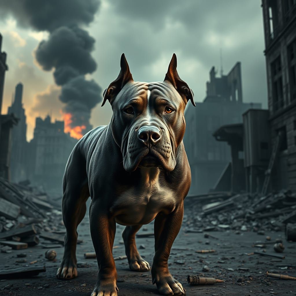 Pitbull in War-Torn City: Dark Fantasy Art