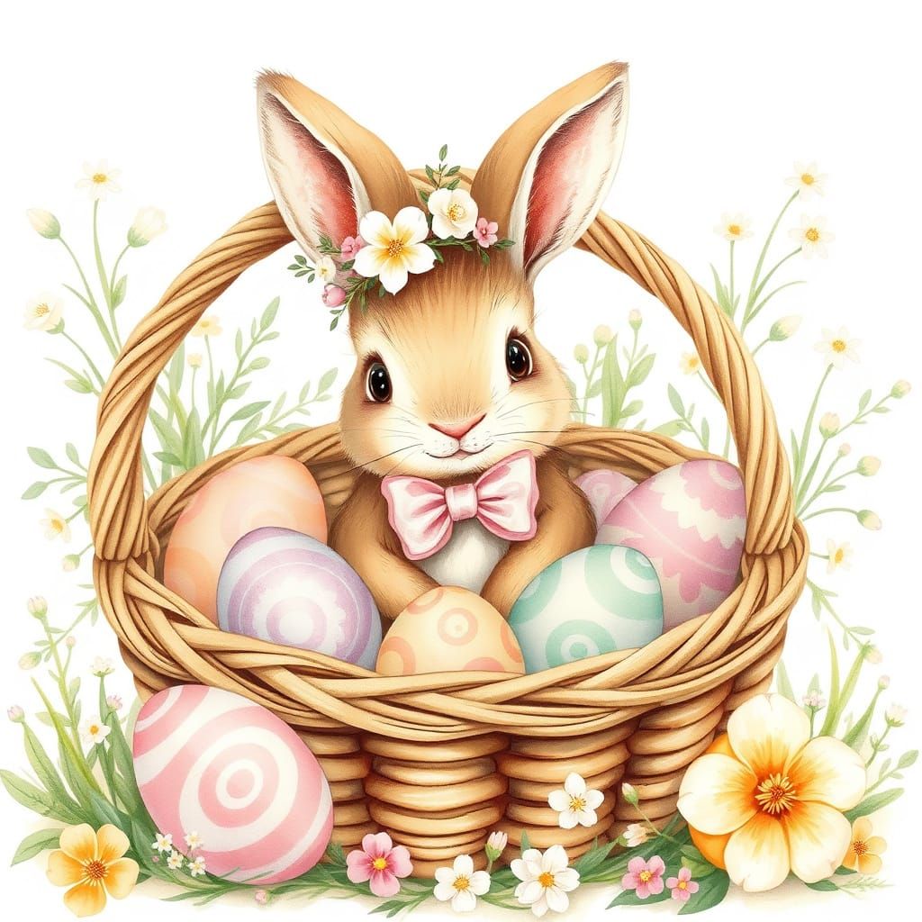 Whimsical Easter Bunny in Floral Crown and Pastel Pink Bow T...