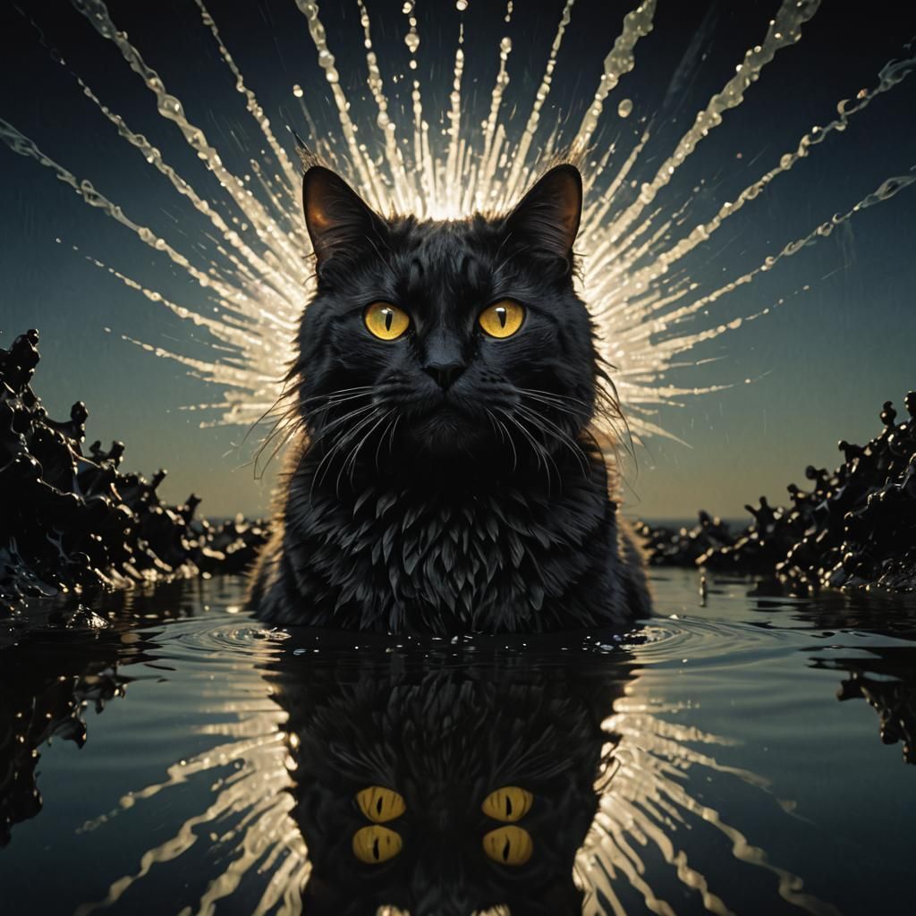 Whimsical Cat Silhouette Against a Dramatic Oceanic Backgrou...