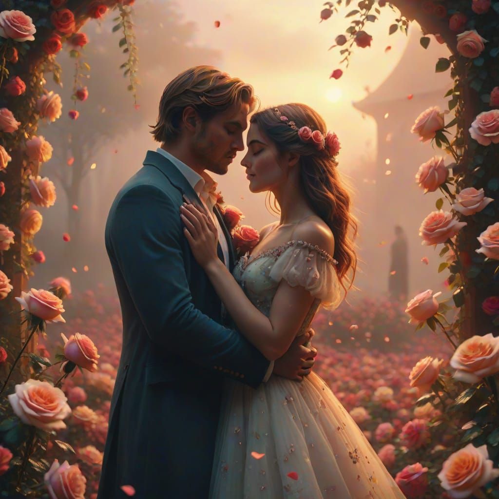 Lovers in Rose Garden: Cinematic Digital Painting