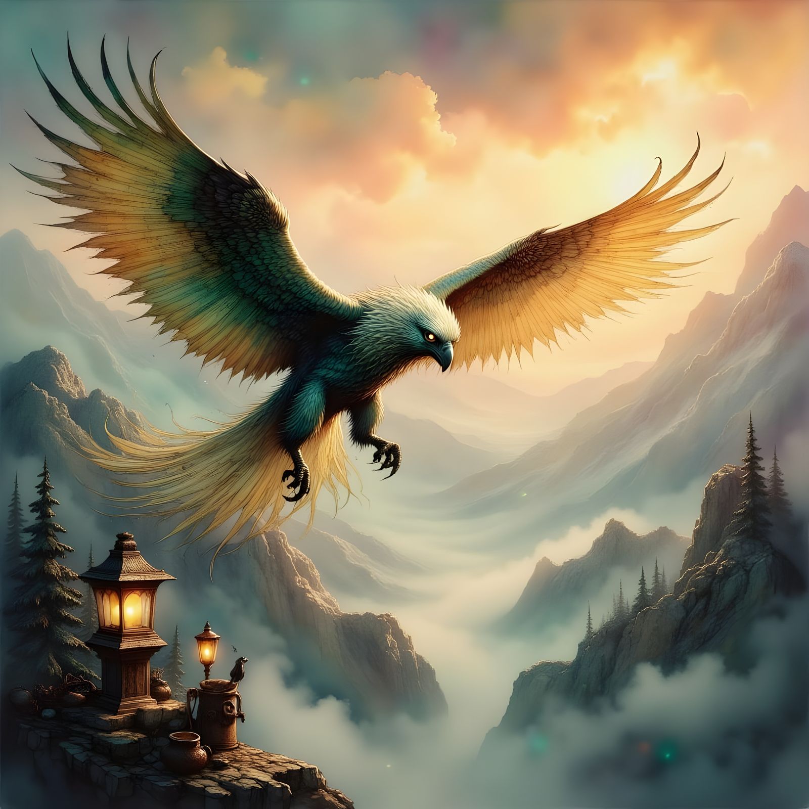 Majestic Griffin Soars Over Snowy Peaks in Classical Oil Pai...