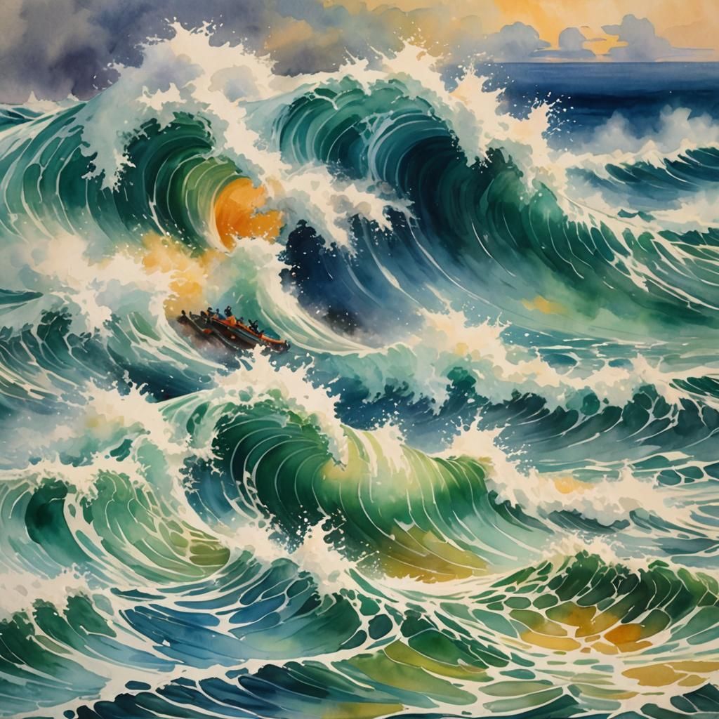 Tsunami in Gouache and Watercolor Style
