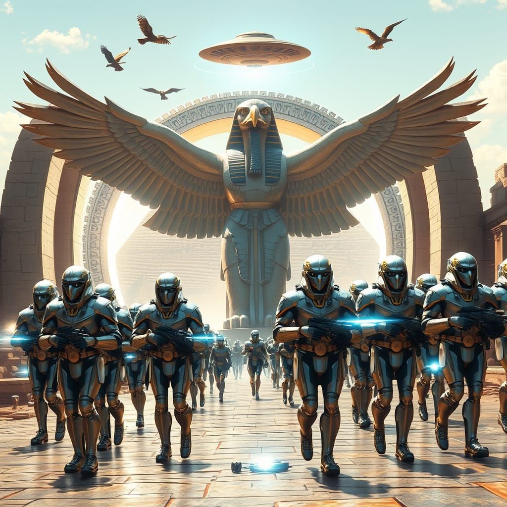 Futuristic Eagle Troops March Into Ancient Temple