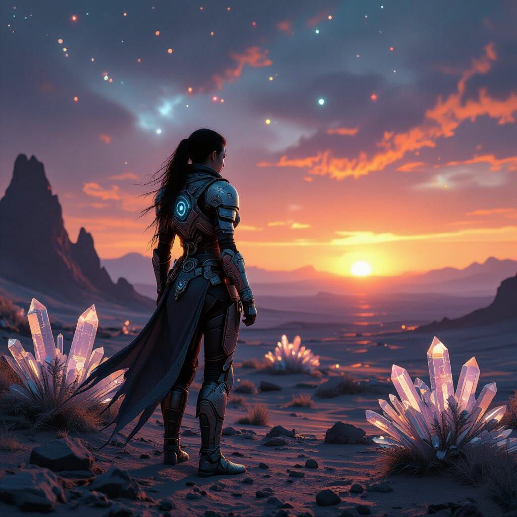 Warrior Woman on Alien Planet with Binary Sunset