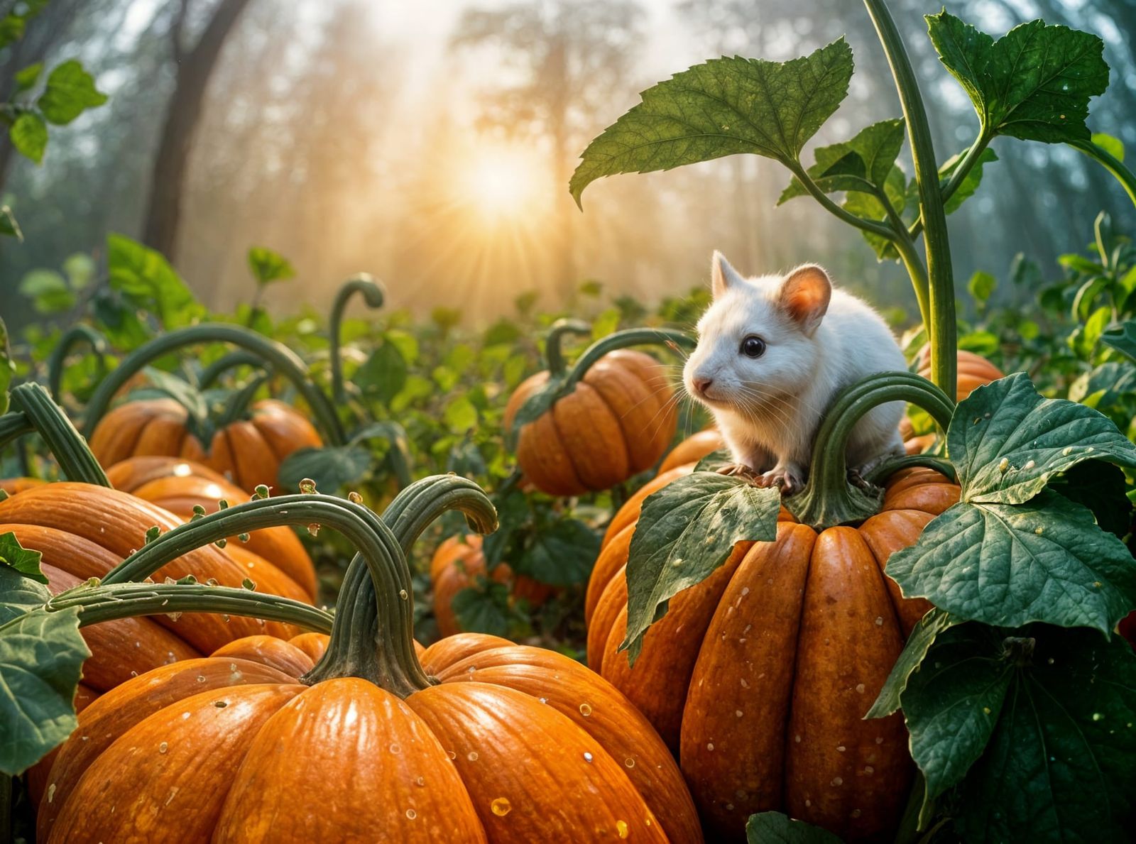 Morning Mist on Pumpkin Crops in Bioluminescent Dawn Light