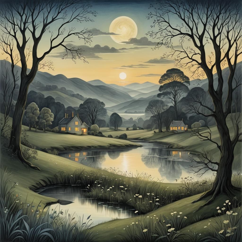 Ethereal Twilight Landscape in Pencil Sketch Style