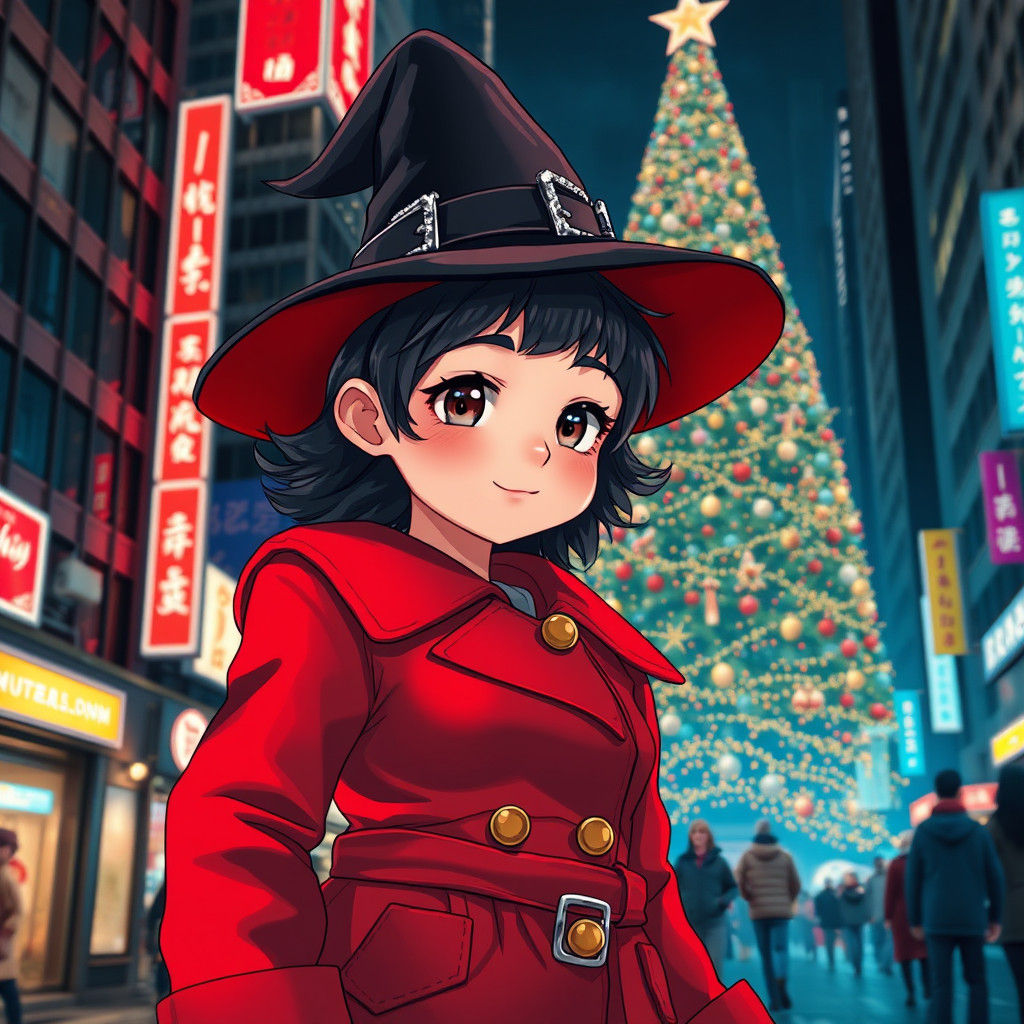 Anime-Style Young Witch in Neon City at Christmas