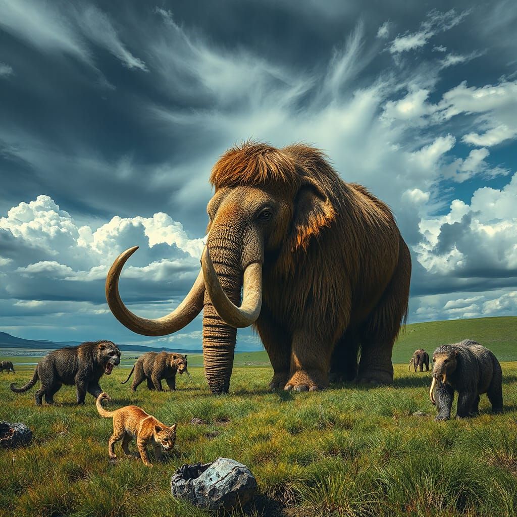 Majestic Woolly Mammoth Grazing in Ice Age Landscape