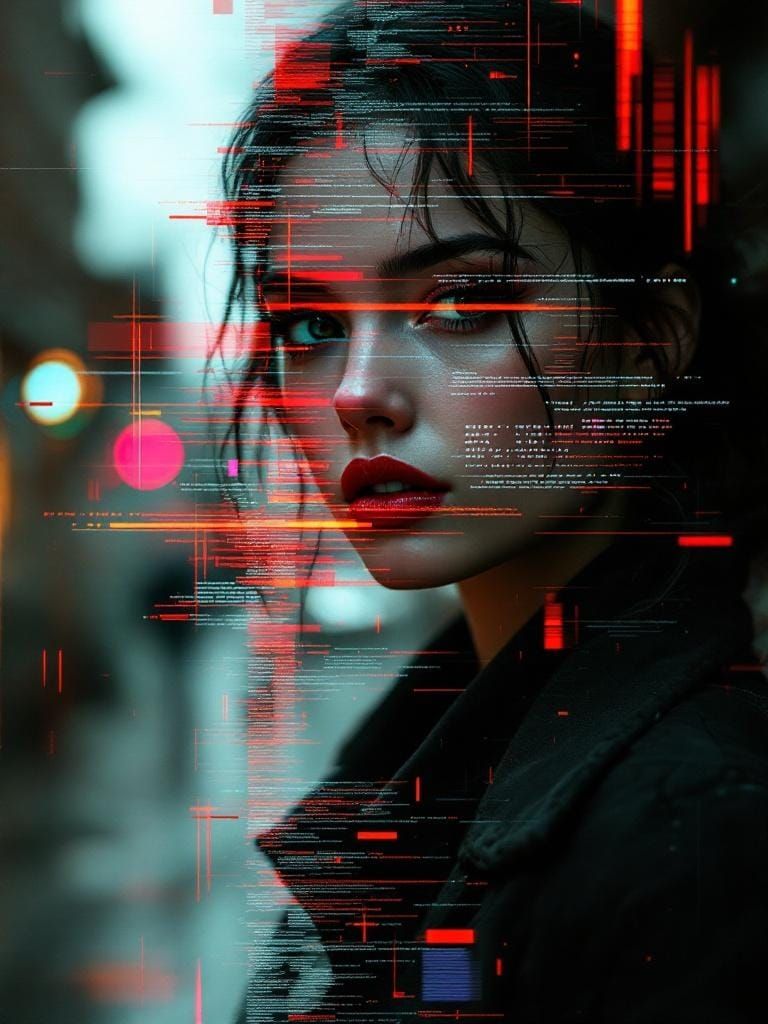 Glitch Photo Portrait with Fractal Overlay in High Contrast