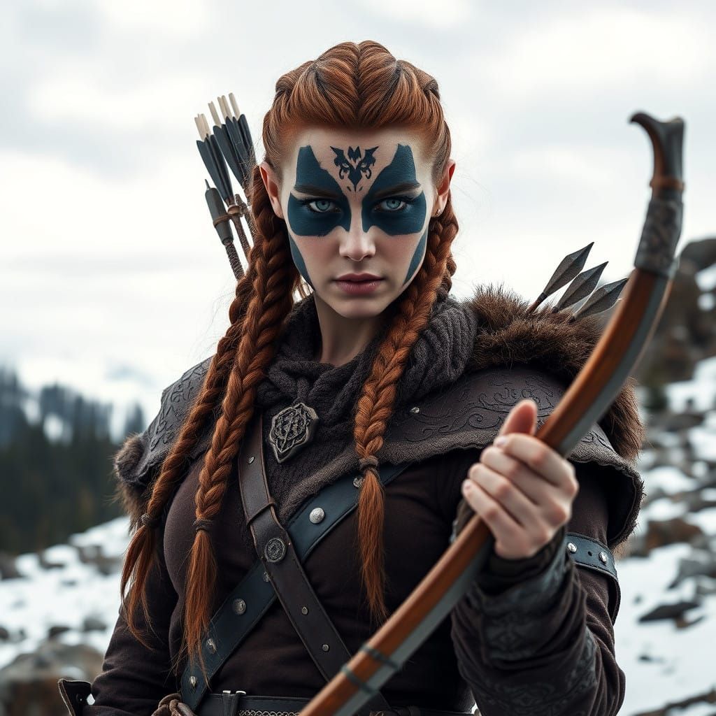 Fierce Nordic Huntress in Hyper-Realistic Wilderness Portrai...