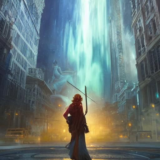 Moonlit Waterfall Portrait in Art Nouveau Style