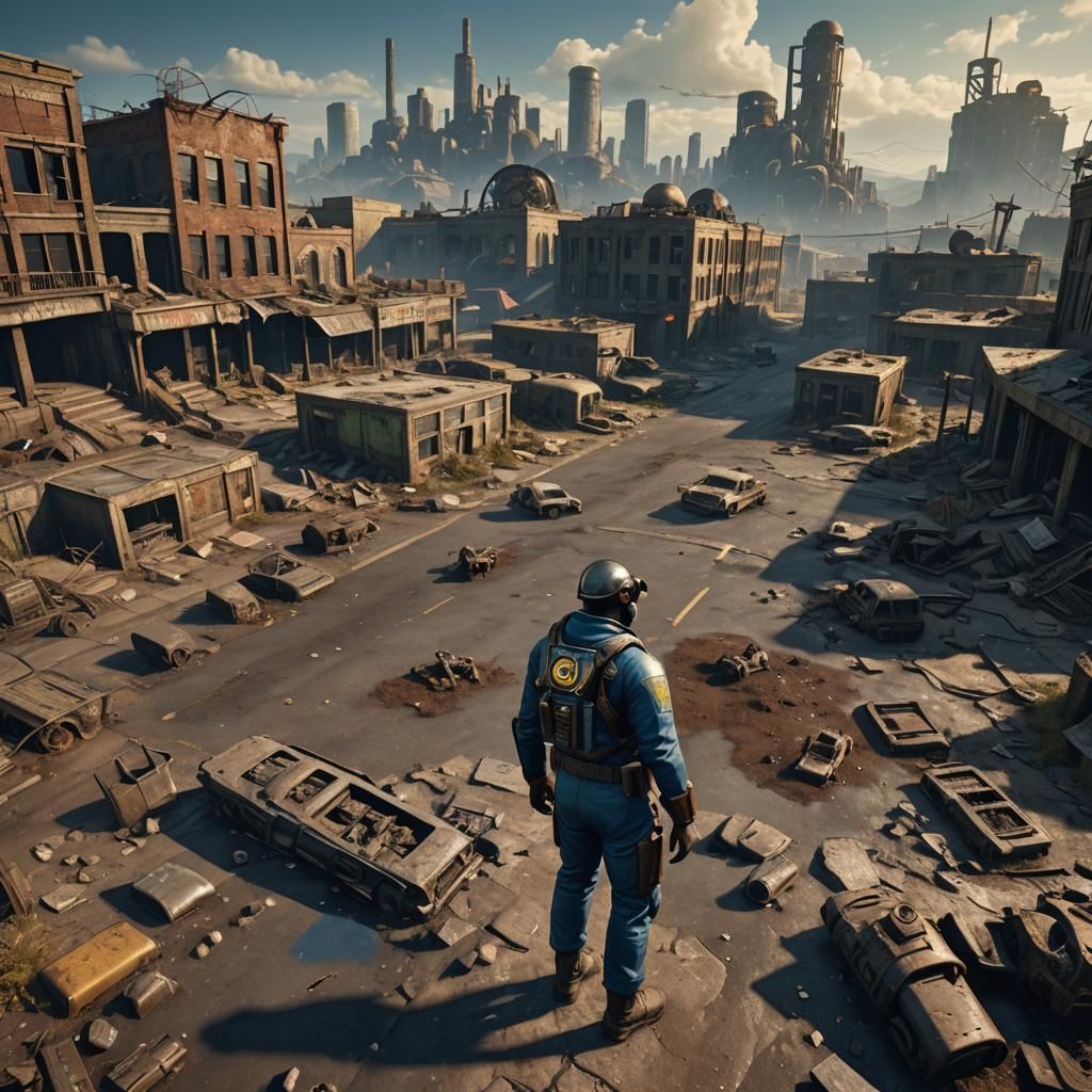 Post-Apocalyptic Cityscape with Vault Dweller, Digital Art