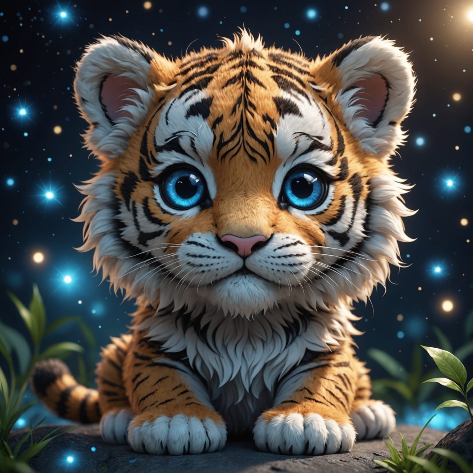 Cute 3D Chibi Tiger Cub with Galaxy Eyes