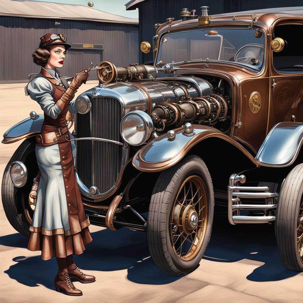 Steampunk Cyborg Polishing a Classic Car