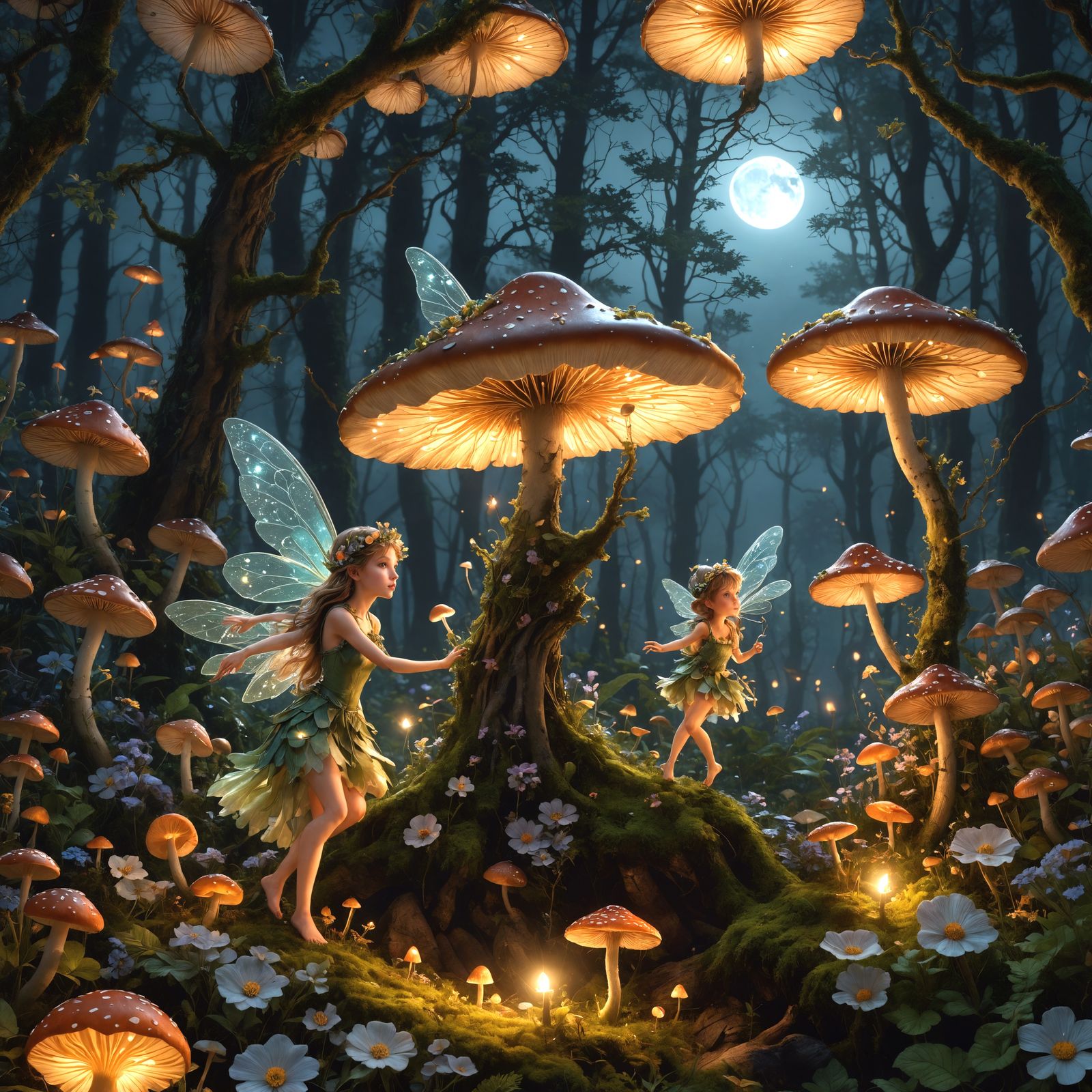 Fairies in Moonlit Forest with Flowers