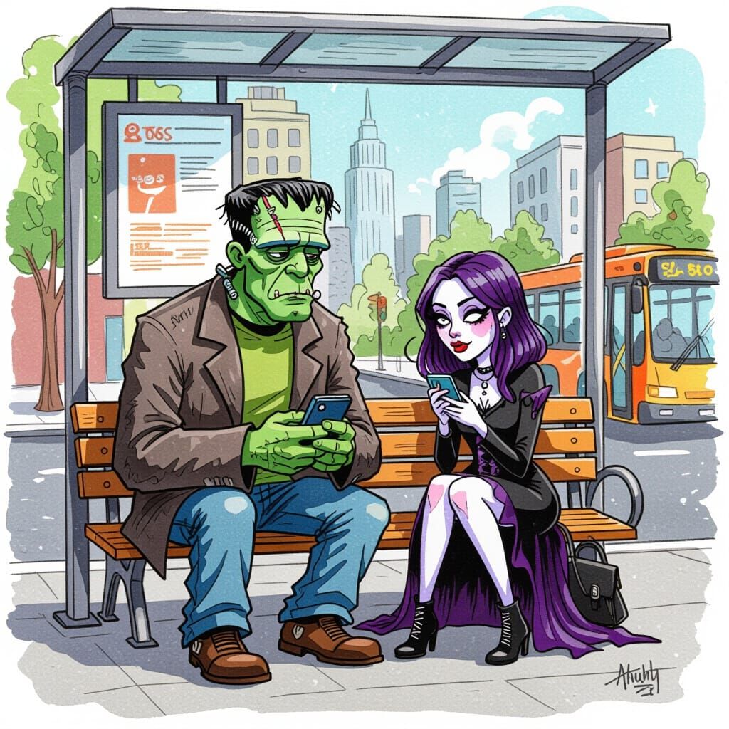 Frankenstein and Goth at Bus Stop: Watercolor Fantasy