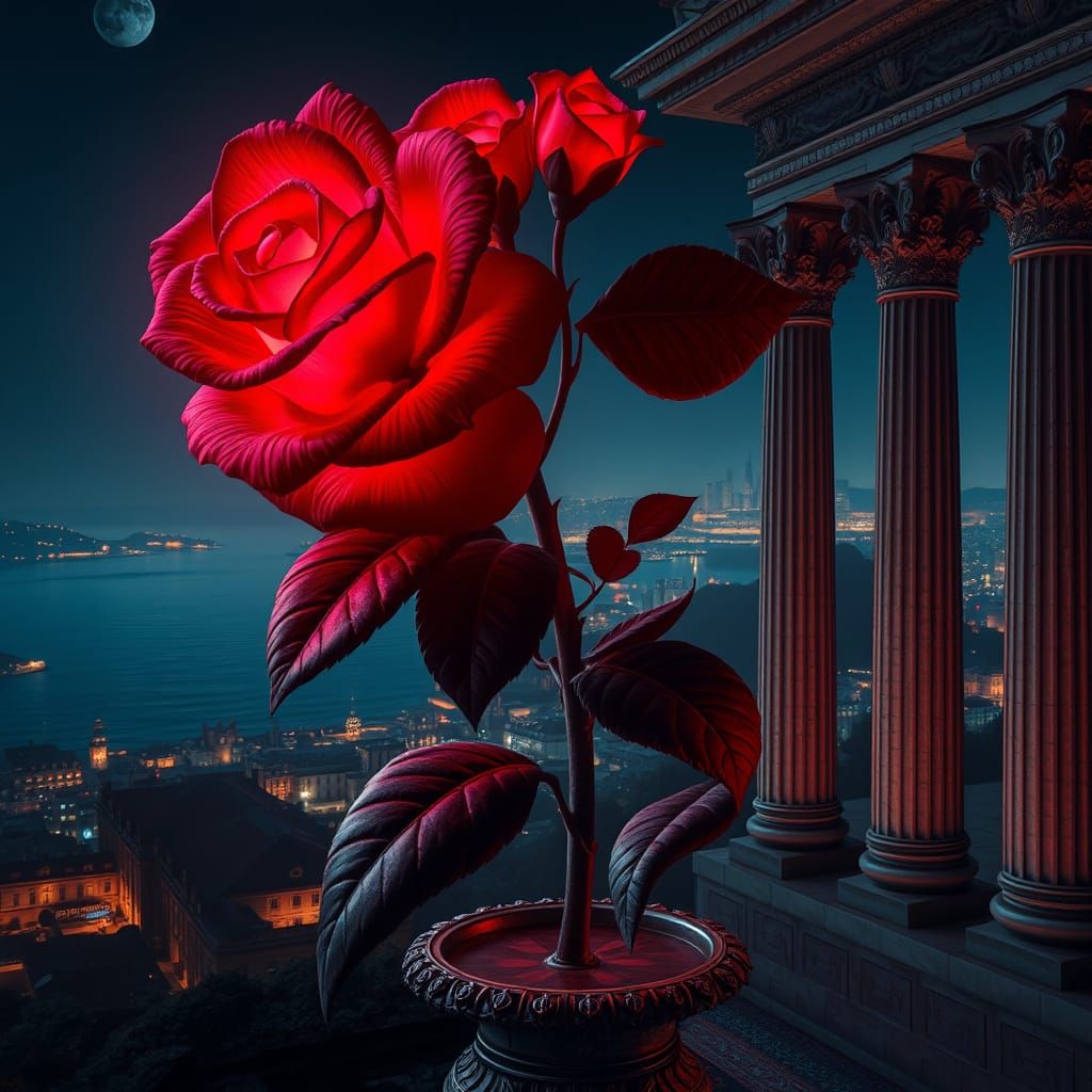 Bioluminescent Roses on Roman Statue in Gothic City