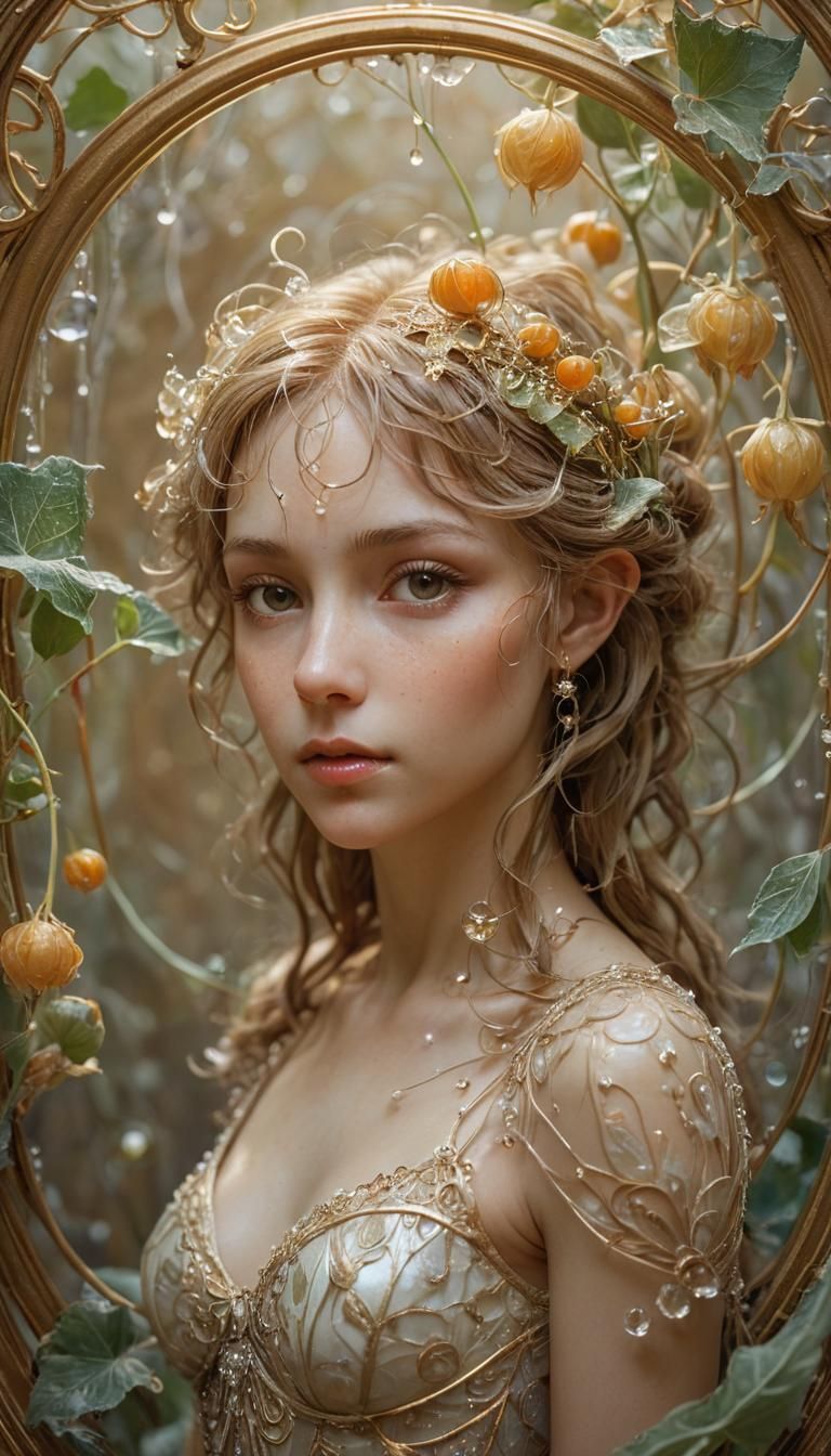 Dewdrop Fairy Portrait in Ethereal Art Nouveau Style