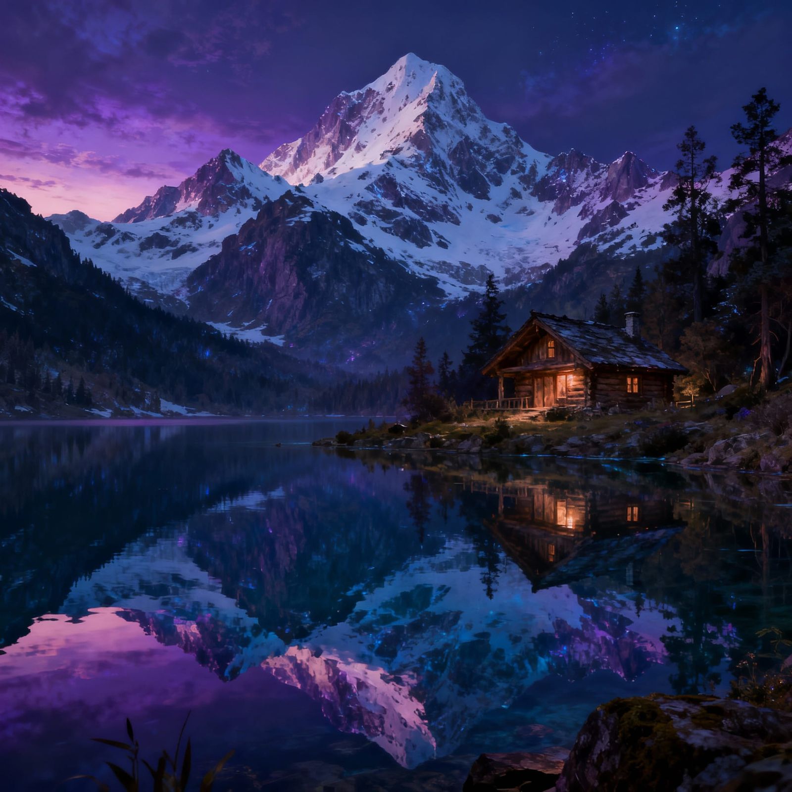 Secluded Cabin by Tranquil Lake at Twilight