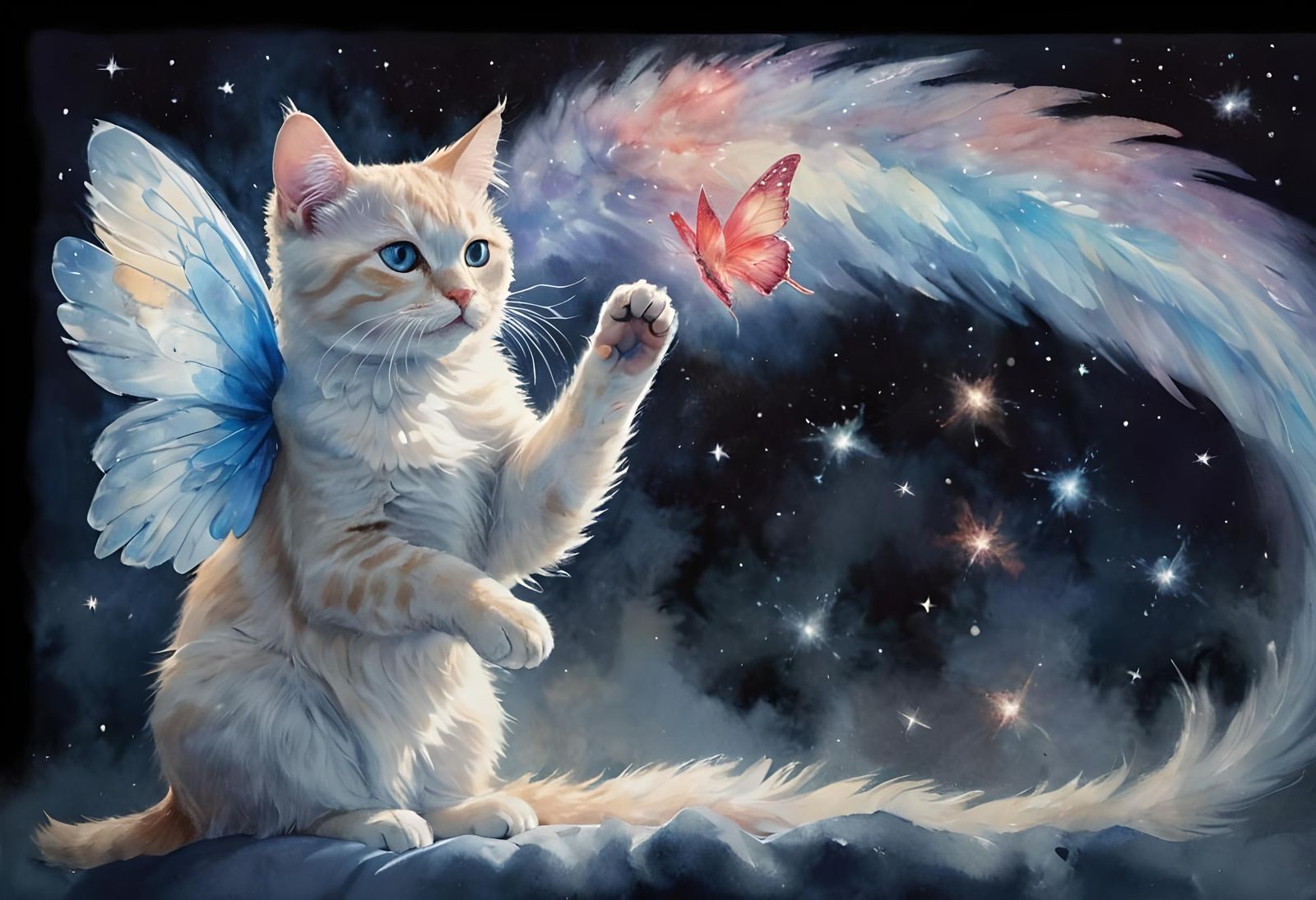 Watercolor Cat with Angel Wings and Butterfly