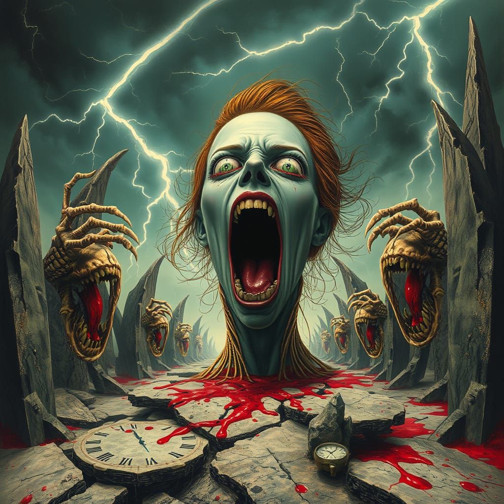 Surreal Horror: Woman Screaming in Grotesque Landscape