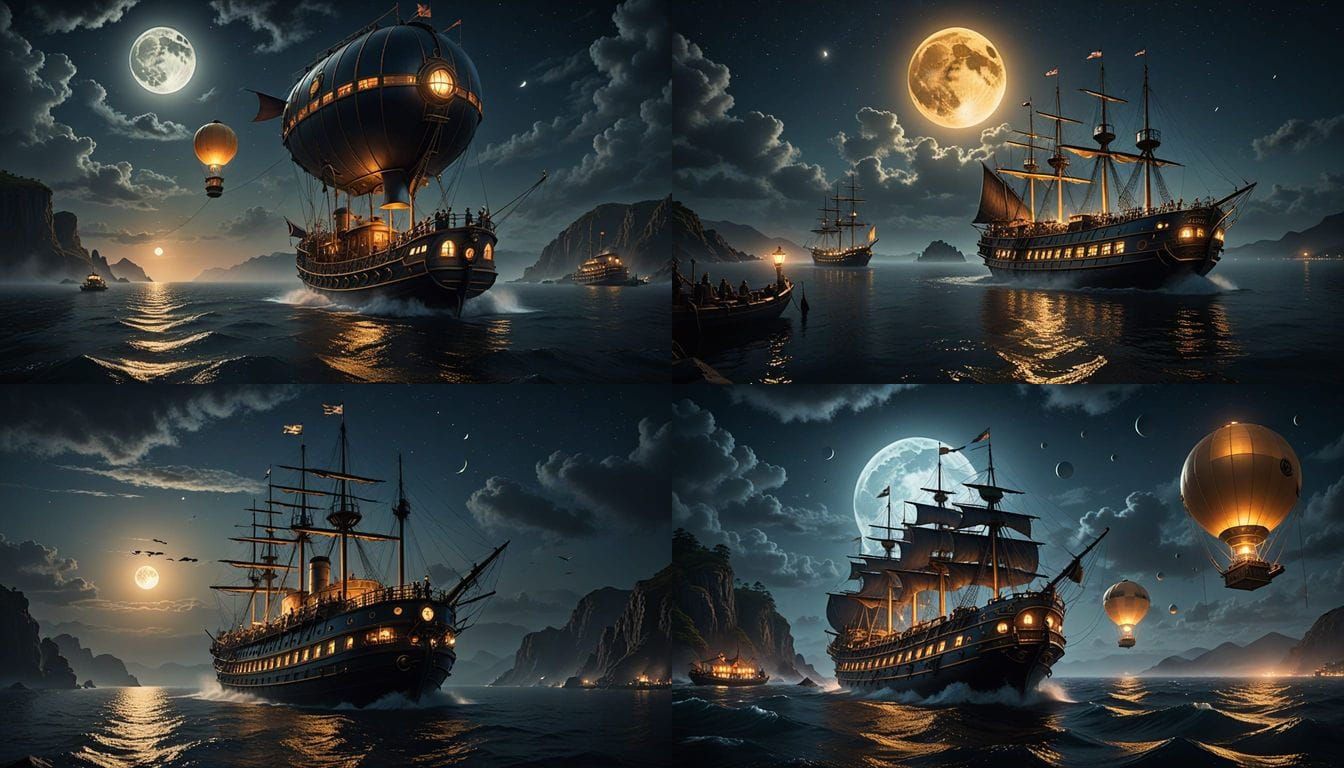 A panoramic wide-angle cinematic view of a steampunk fantasy...