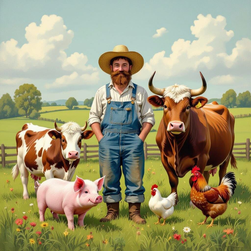Rustic Farm Scene with Animals in Whimsical Style