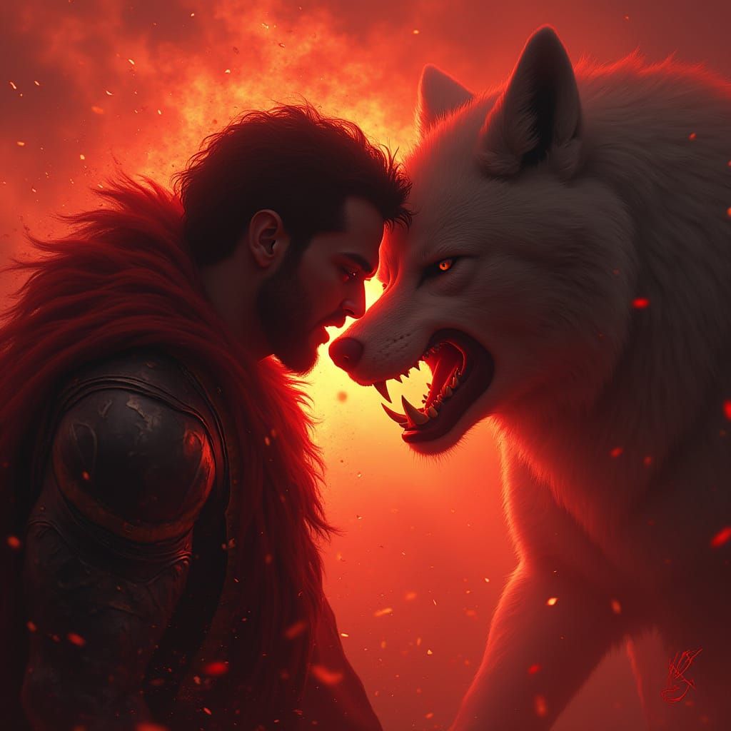 Fierce Warrior Battles Fiery Wolf in Dynamic Portrait