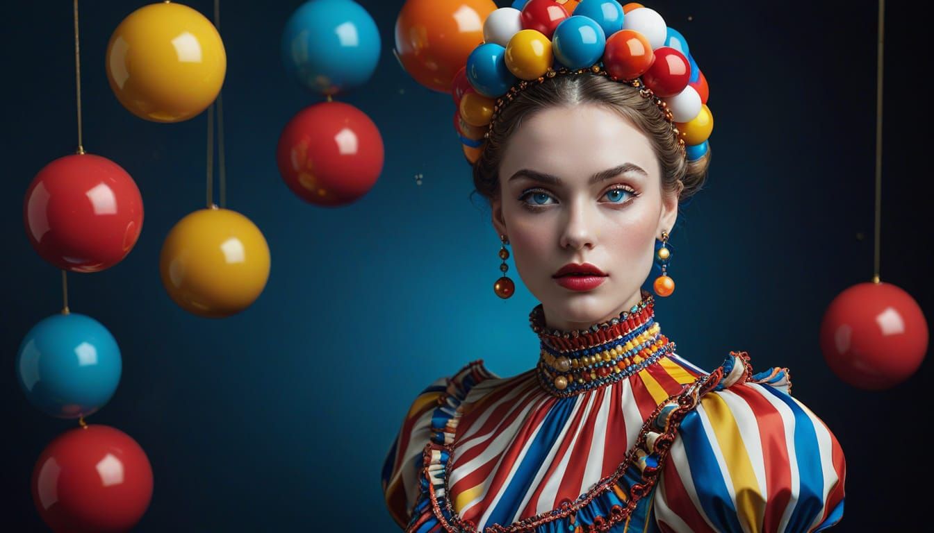 Elegant Woman with Spheres in Surreal Setting