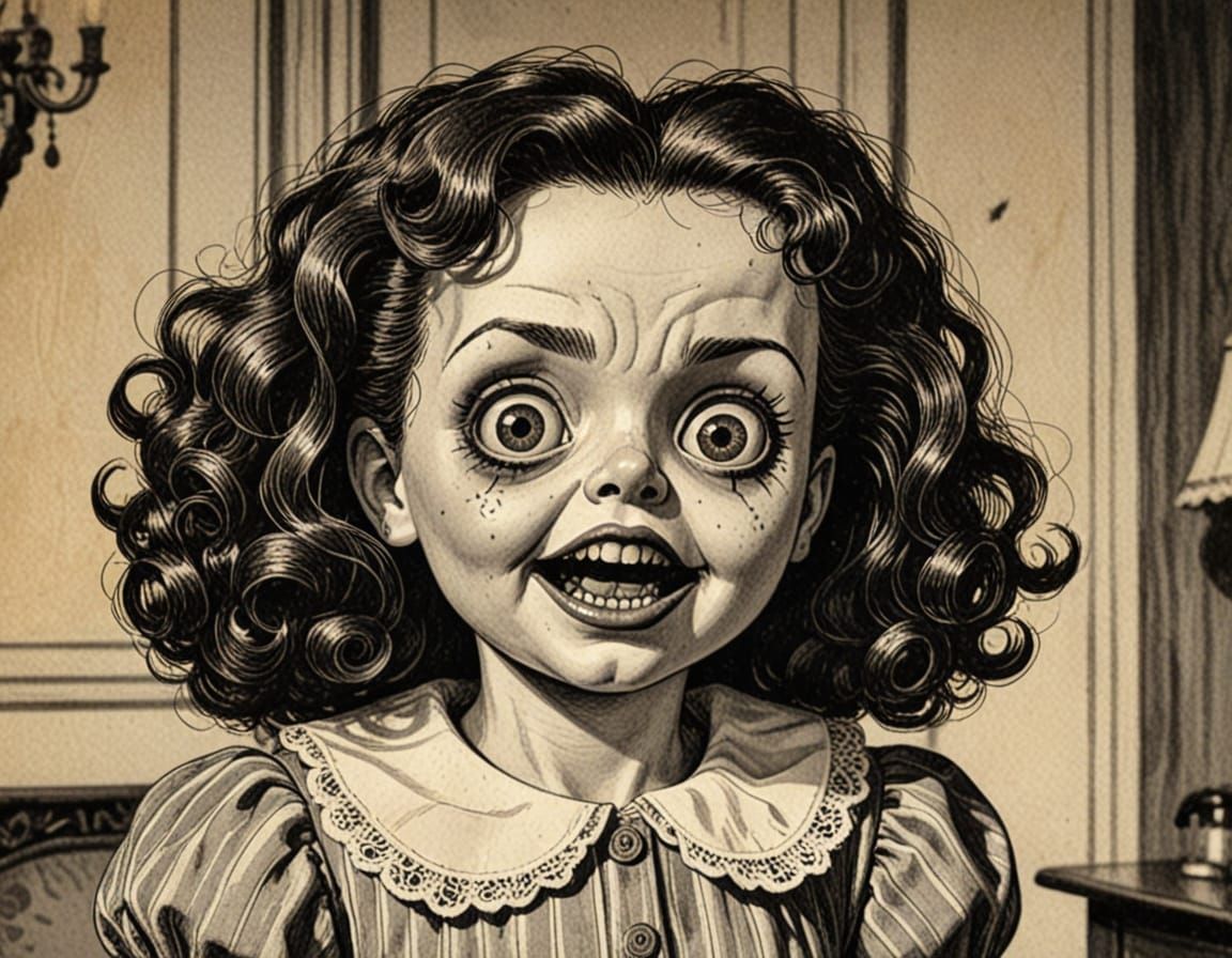 Vintage EC Comics-Style Creepy Doll in a 1940s Living Room