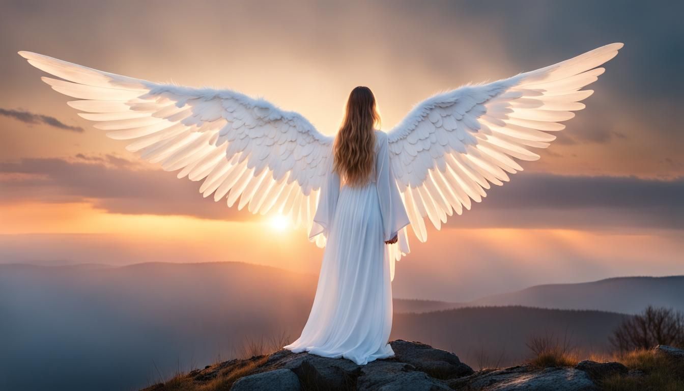 an angel girl with big white wings stands on a mountain at dawn.