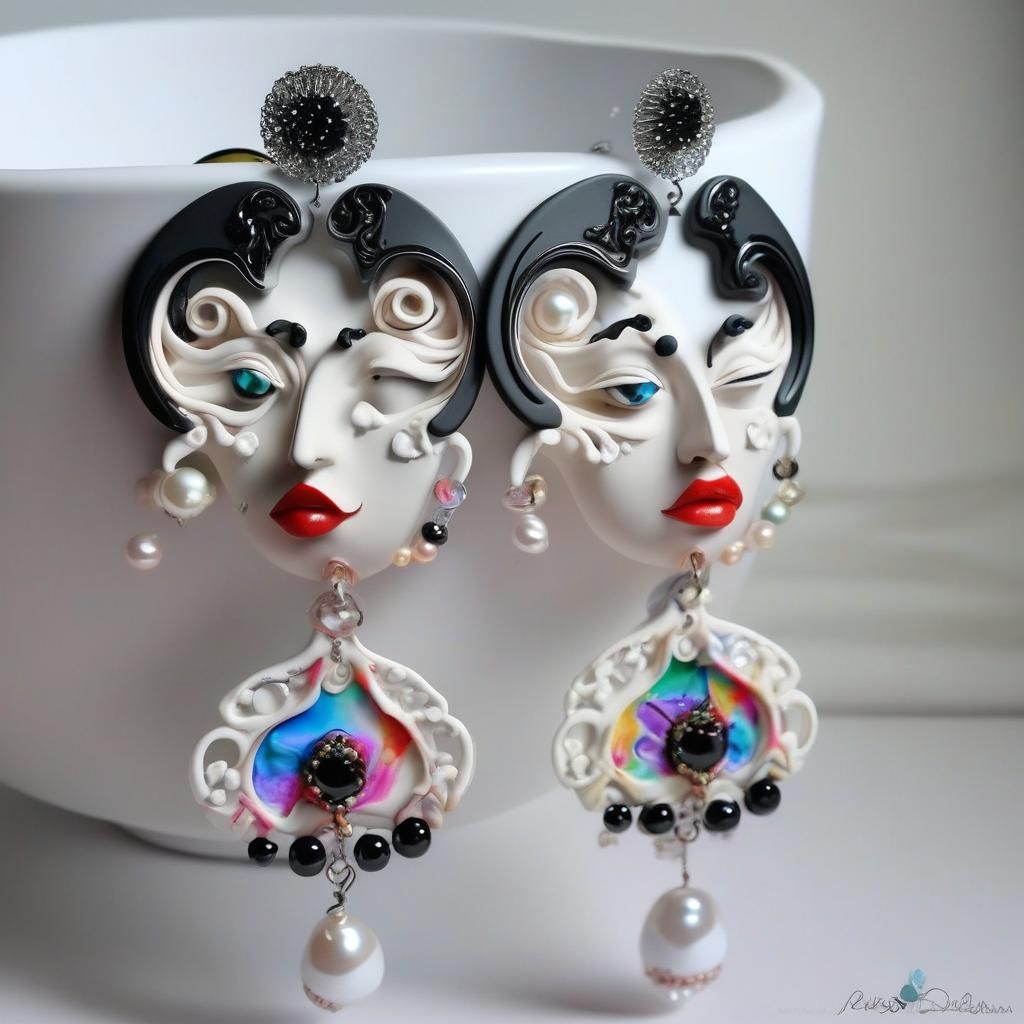 Surreal Polymer Clay Earrings with Pearls and Crystals