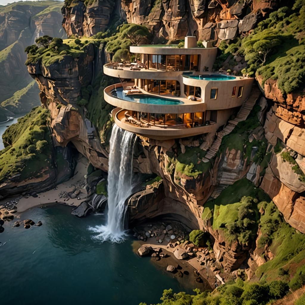 Architecturally Impossible Cliffside House with Waterfall