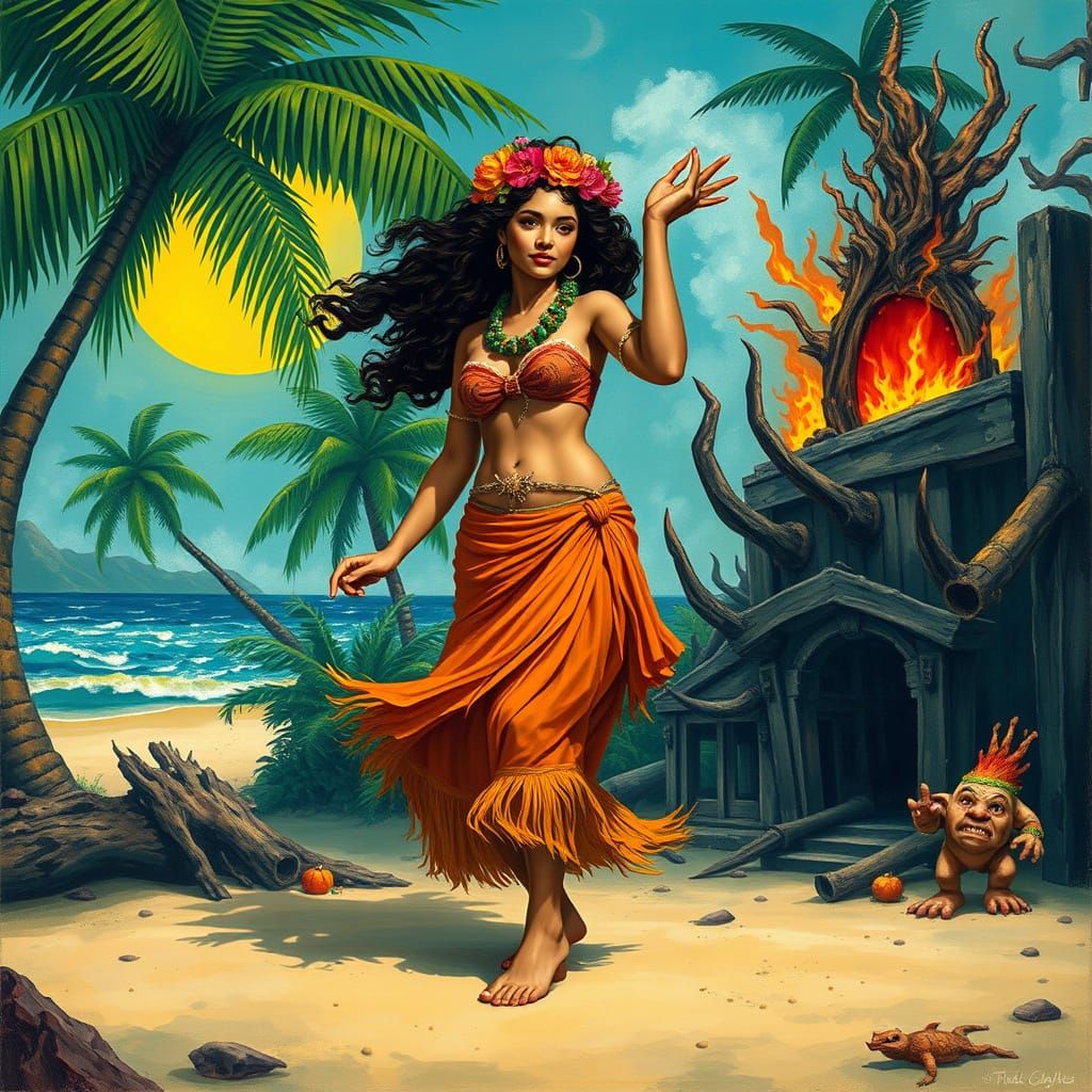 Polynesian Woman Dancing Hula on a Tropical Beach