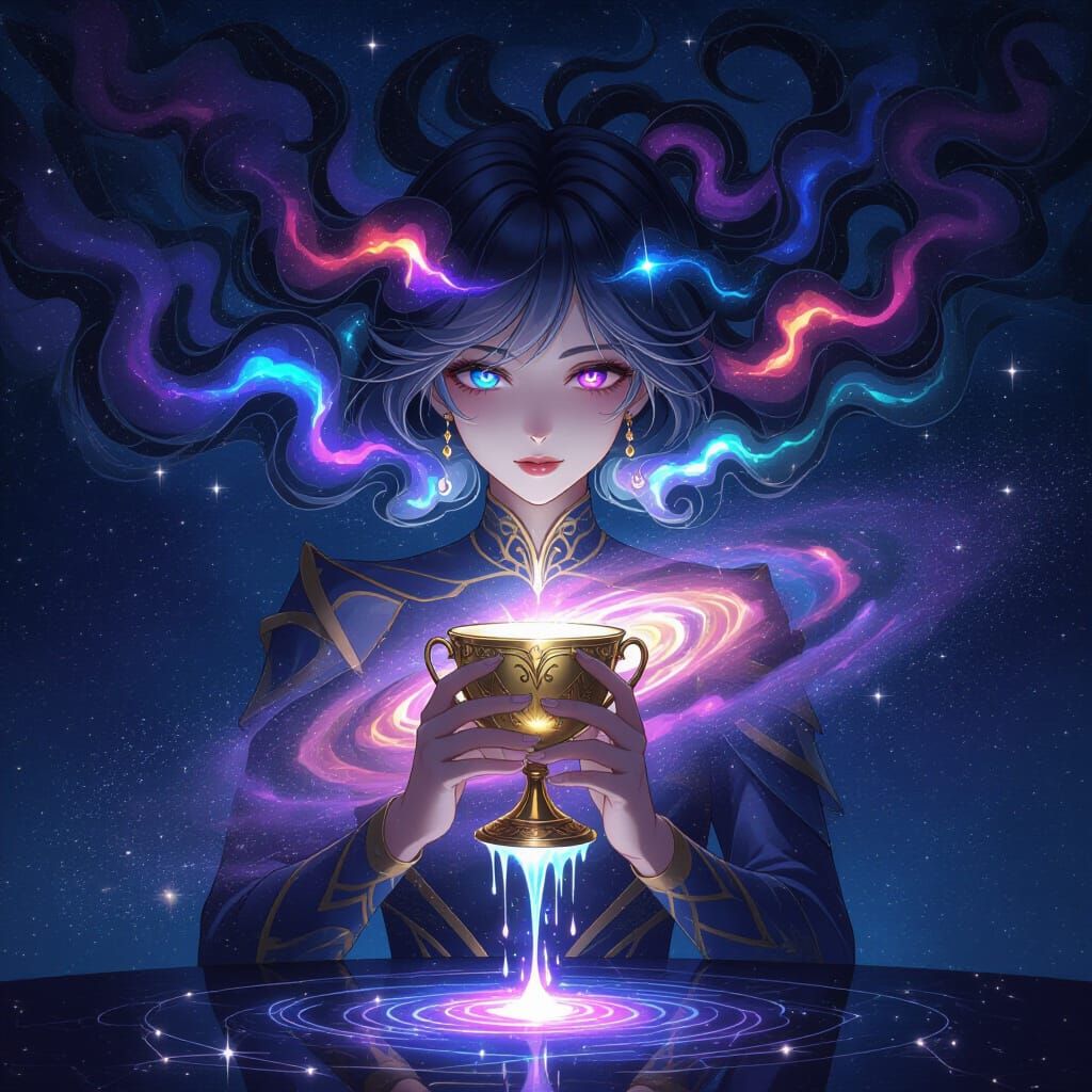 Celestial Being of Swirling Galaxy with Starlight Chalice