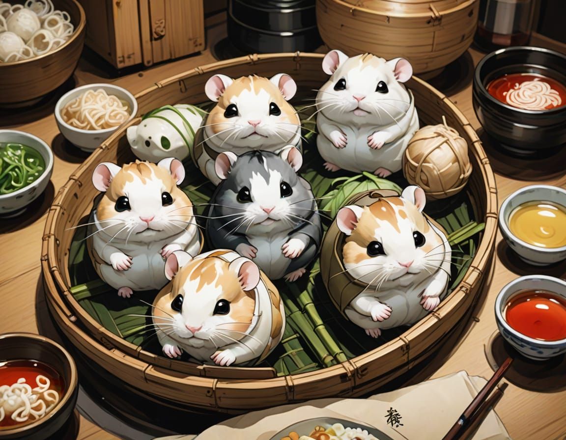 Cute Steamed Dumpling Bao Hamsters in Traditional Chinese Ar...
