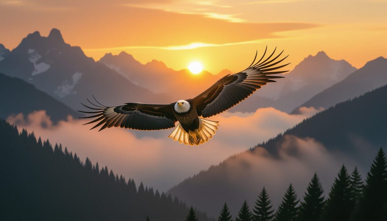Majestic Bald Eagle Soars Over Misty Mountains at Sunset