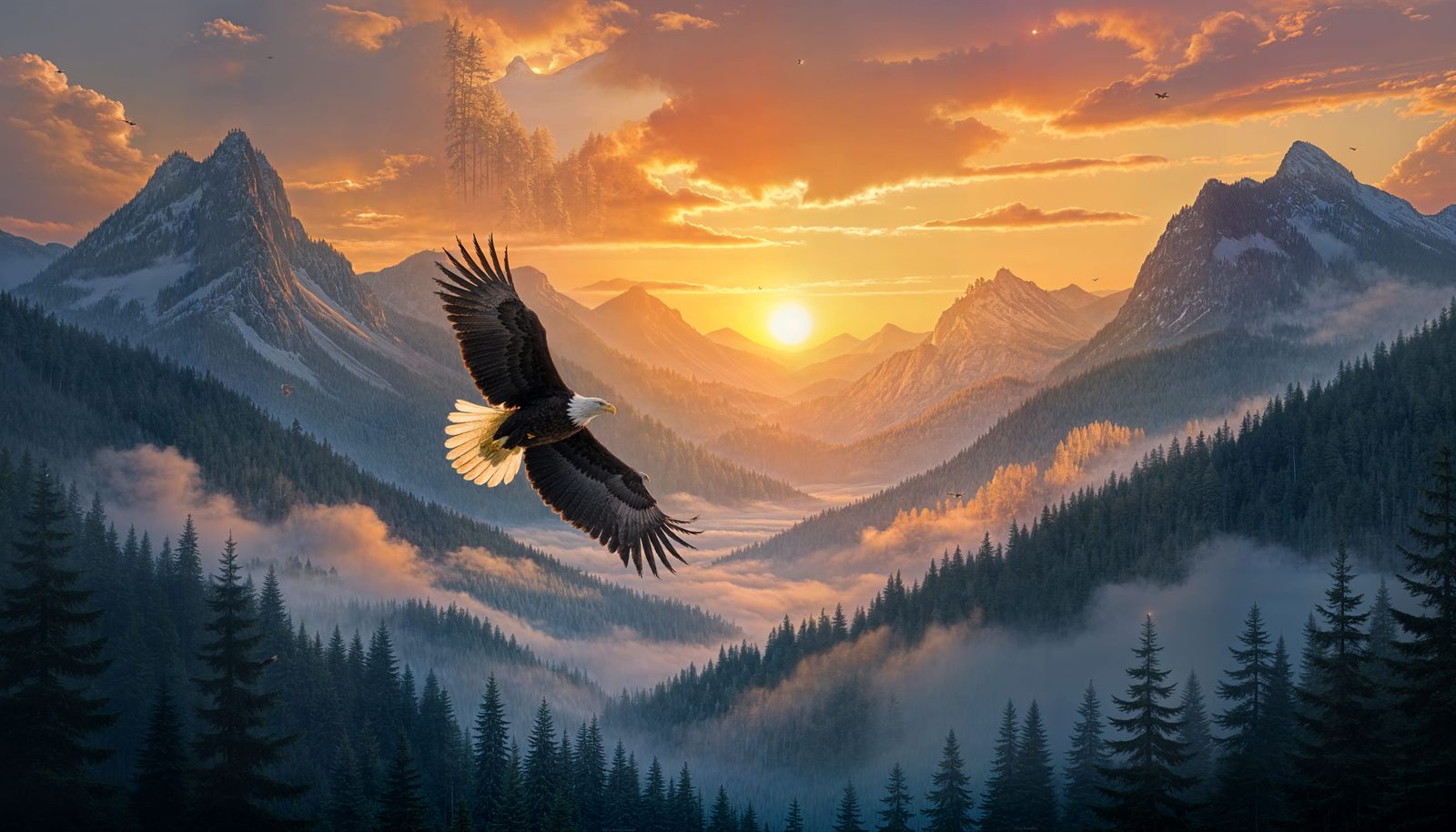 Majestic Bald Eagle Soars Over Misty Mountain Valley at Suns...