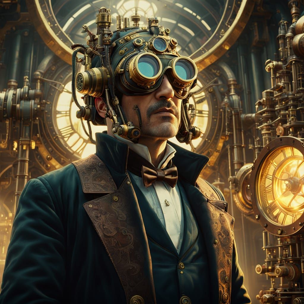 Steampunk Scientist and Giant Machine