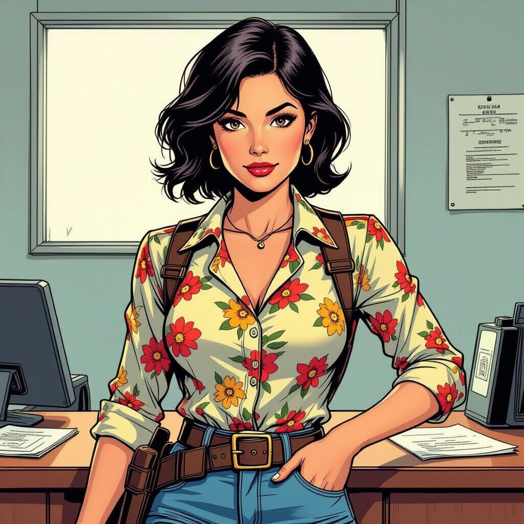 Comic Art of Woman in Police Station Office