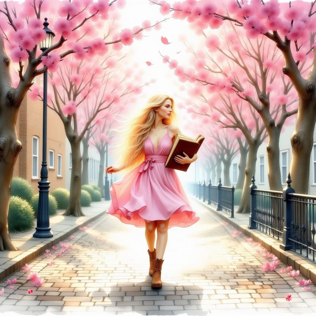 A Blonde Woman Strolls with a Large Notebook in a Whimsical ...