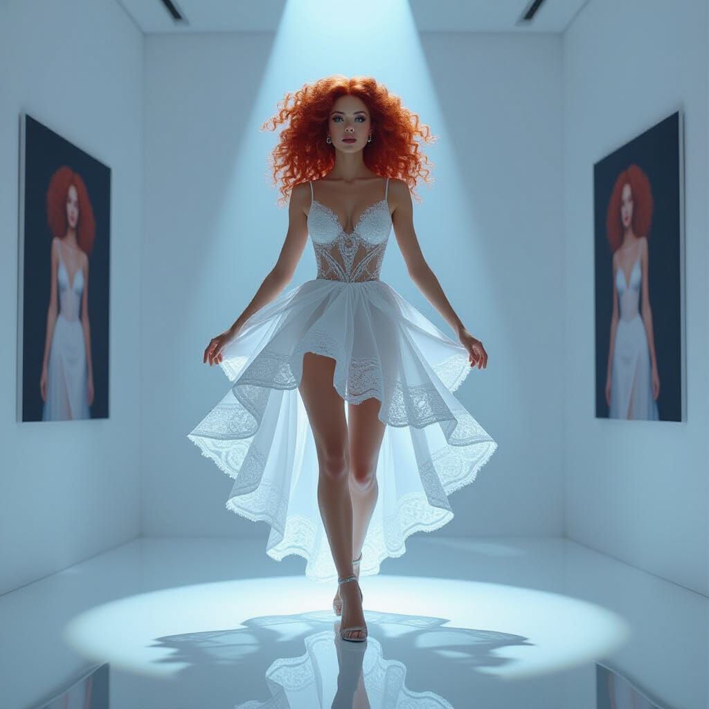 Elegant Glass Woman in Futuristic Lace Dress