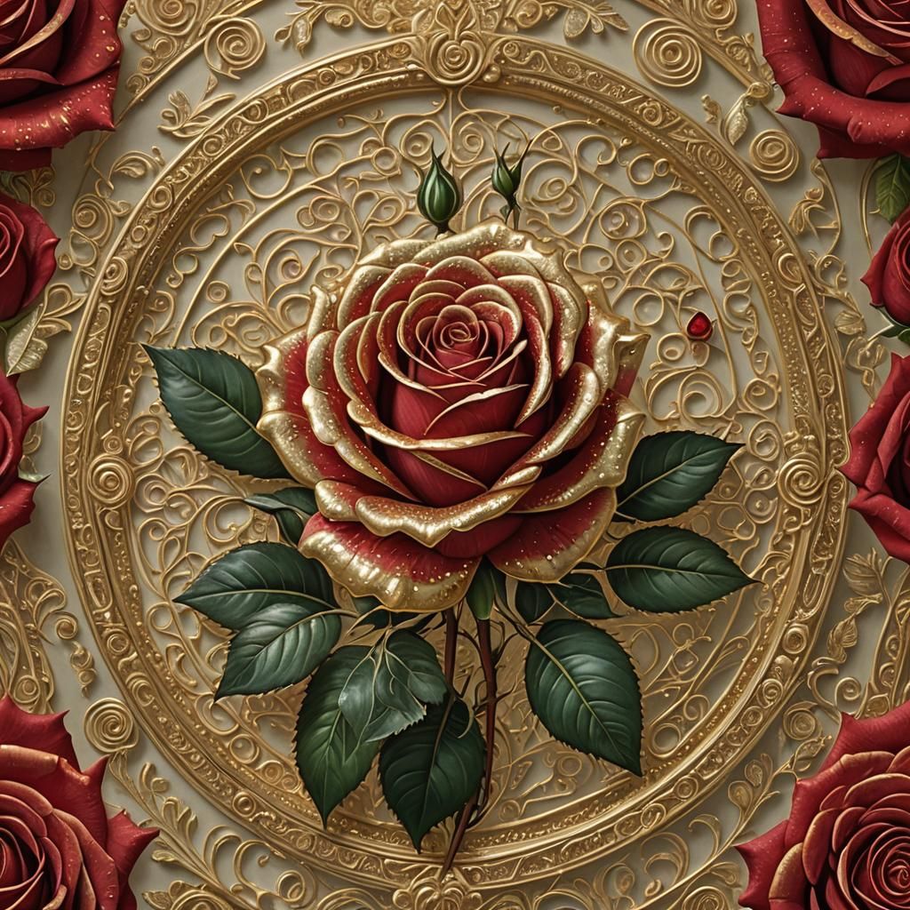 Golden Kissed Rose in Hyperrealism Style