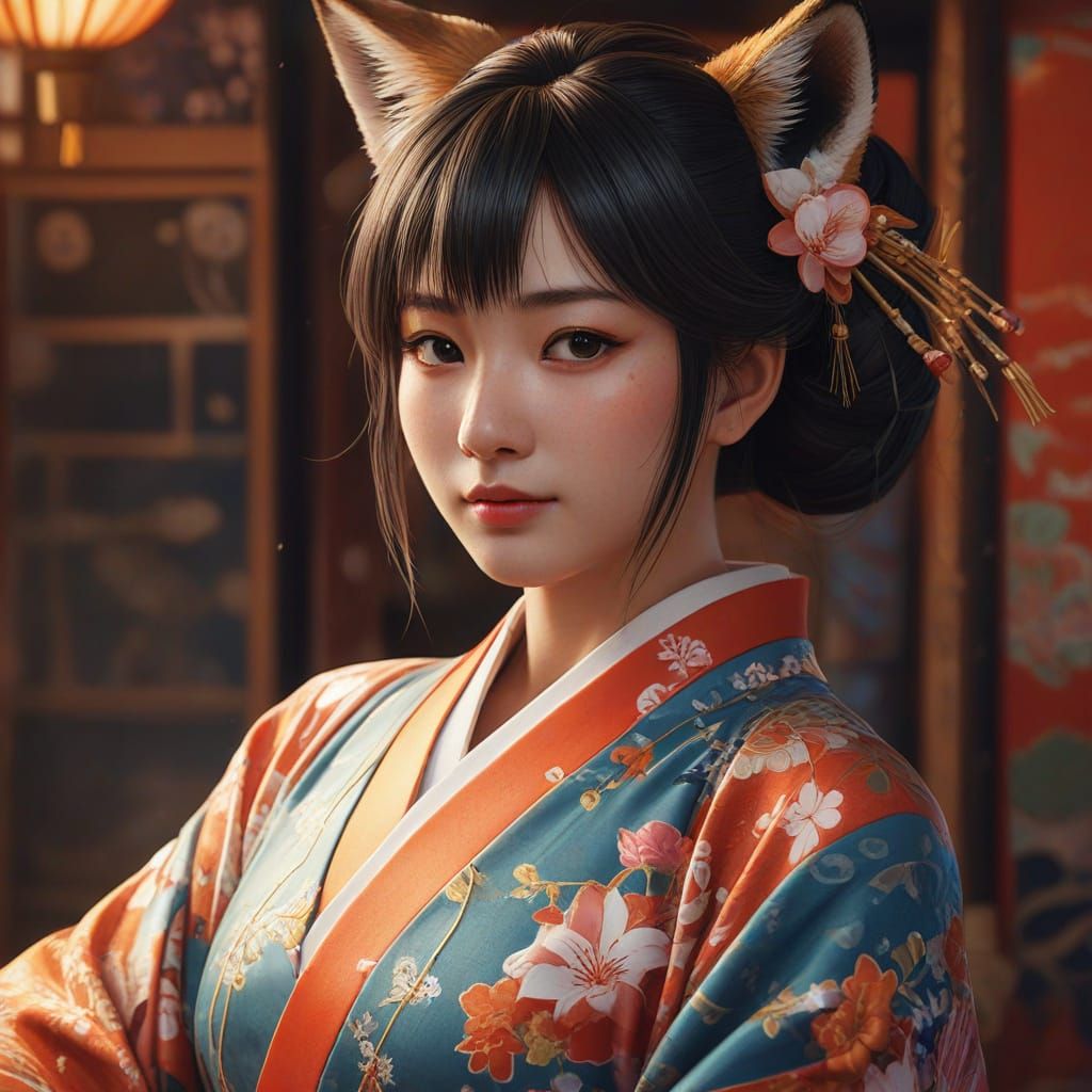 Fox Geisha in Flowing Kimono: Anime Style