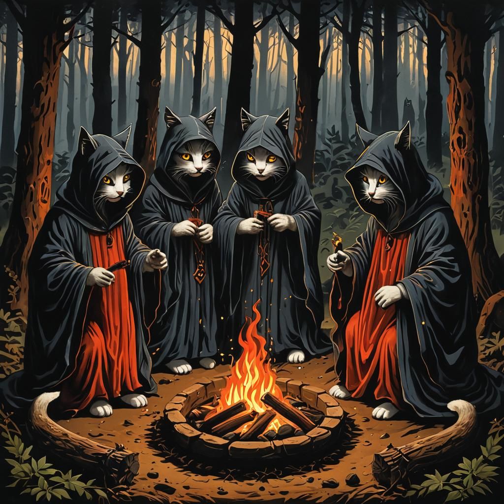 Eerie Cats' Secret Ritual by Forest Fire
