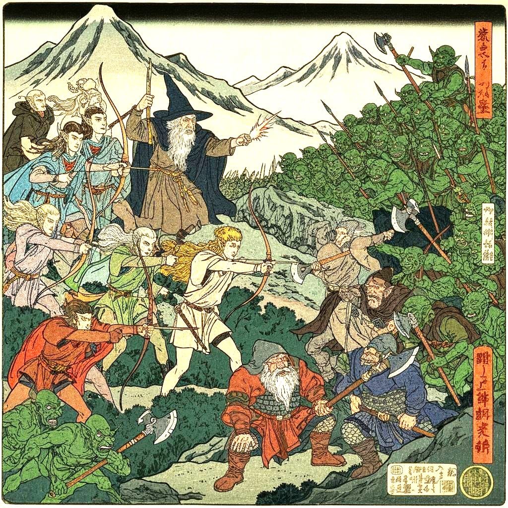 Ukiyo-e Lord of the Rings Battle: Elves, Dwarves, Goblins