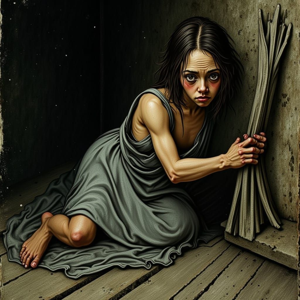 Melancholic Young Woman in Dimly Lit Chamber