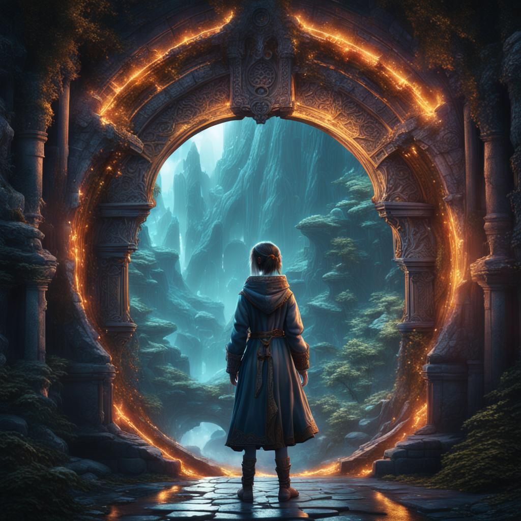 Girl Stepping into Mysterious Portal in Fantasy Art